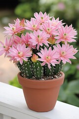 Pink flowering cactus in terracotta pot.