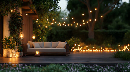 Obraz premium Chic Patio with Outdoor Furniture and String Lights – Perfect Setting for Relaxation and Elegant Outdoor Gatherings