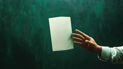 Naklejka premium Hand holding blank paper against a textured green background.