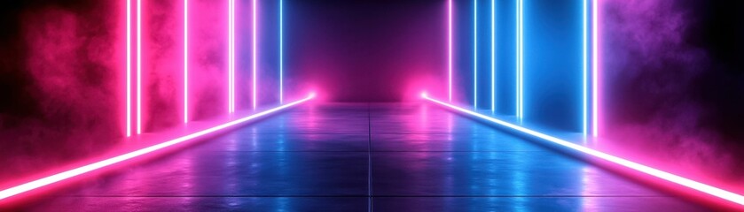 Futuristic neon corridor with vibrant pink and blue lighting effects.