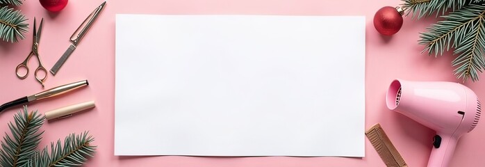 Horizontal concept of Christmas hairdressing services. Top view. White paper mockup in the center with space for text. Set of tools: comb, hair dryer, hairpins, scissors on light crimson background