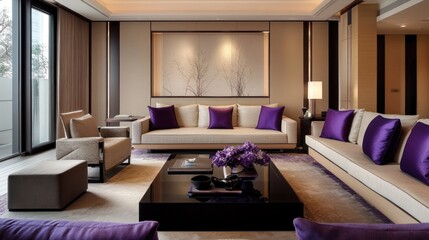 Elegant living room with beige sofa, purple pillows, and modern coffee table.