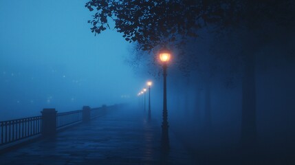 Illuminated Foggy Pathway Amid Lush Trees Radiating Soft Glow in the Mysterious Night
