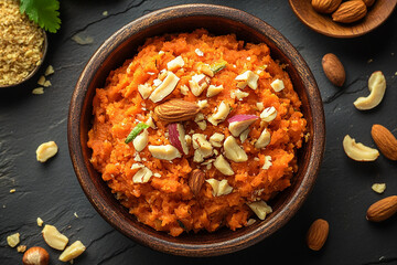 Delicious dessert carrot halwa in bowl with nuts, gajar halwa generated.AI