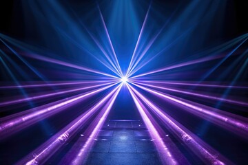 Fototapeta premium Abstract background with blue and purple laser beams converging on a dark floor.
