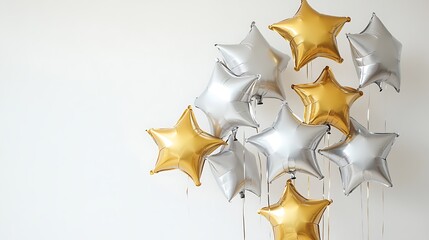 Obraz premium A cluster of gold and silver star-shaped balloons against a plain background.