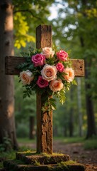 Wooden cross with roses in a forest setting.  Easter,Cross with flowers, funeral wreath
