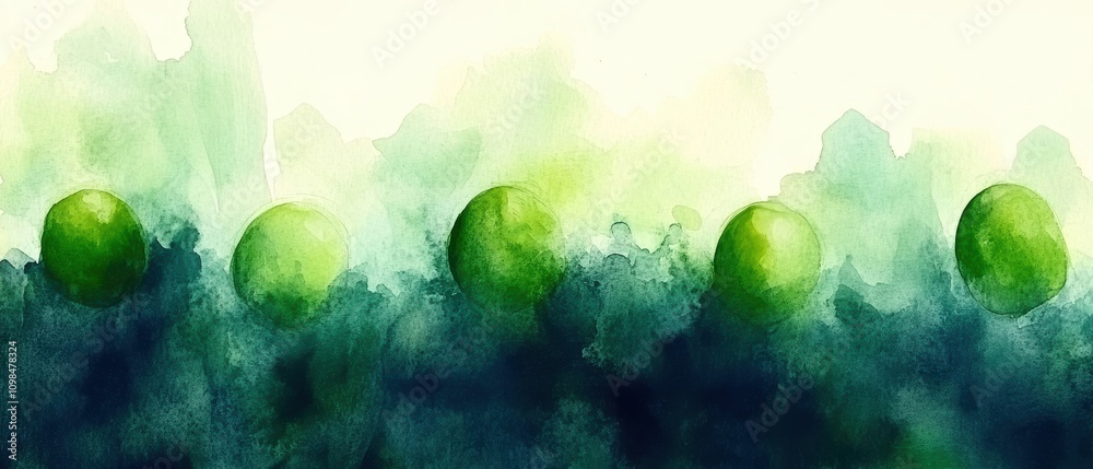 Wall mural abstract green circles with a watercolor texture on a soft gradient background.
