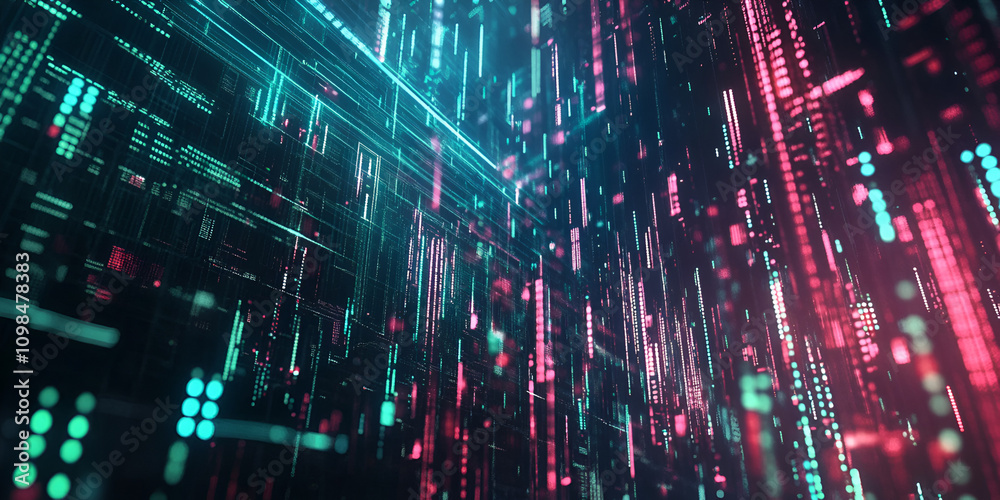 Poster digital matrix: a mesmerizing abstract visual of glowing teal and magenta lines and data streams, cr