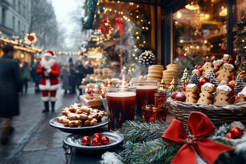 Fototapeta premium Traditioneller Weihnachtsmarkt mit Weihnachtsmarktbuden, Lichterketten, Leckereien und Weihnachtsdeko, Lebkuchen Stand mit Glühwein und Weihnachtsmann