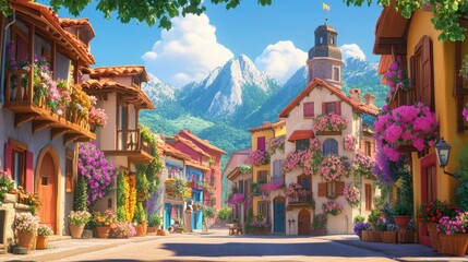 Obraz premium A tranquil morning view of a clean, colorful village with flower-covered balconies and winding streets.