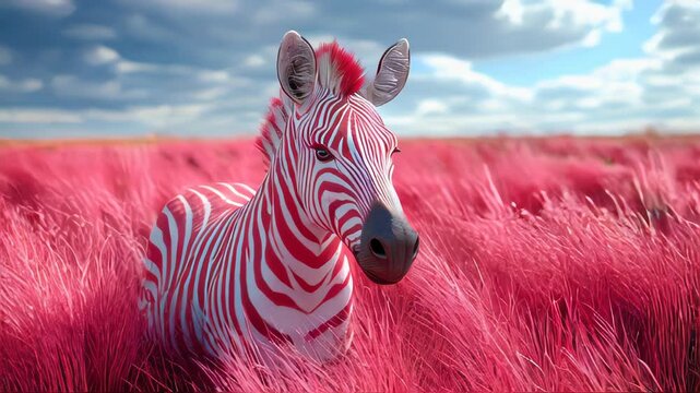 A vibrant pink zebra resting in a field of lush pink grass under a cloudy blue sky