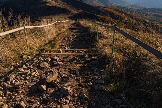 Red trail to Rozsypaniec peak in Bieszczady Mountains, Poland. View from the Halicz Peak