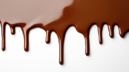 Melted chocolate dripping on a white background, creating a decadent and attractive visual.