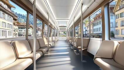 Obraz premium Interior view of a modern train with windows showcasing a cityscape