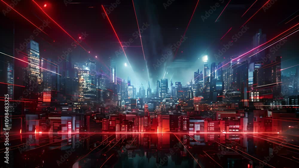 Aufkleber neon technology city business concept with skyscraper buildings and virtual network connection