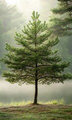 Obraz premium A lone pine tree stands tall against a backdrop of soft mist, creating a peaceful and serene atmosphere.