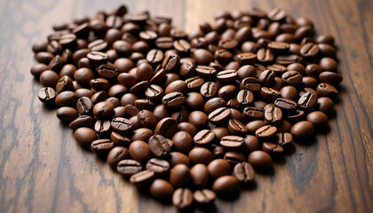 Heart shape made of coffee beans on a wooden surface with copy space