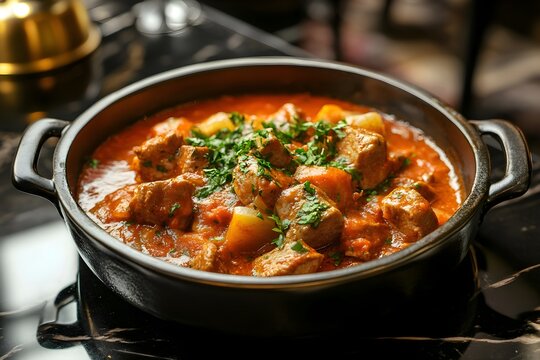 A hearty Veau Marengo with tender veal in rich tomato sauce, garnished with herbs, served in a modern dish on a sleek  countertop