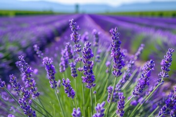 Obraz premium Rows of vibrant purple lavender flowers in a field creating a calming and serene landscape.