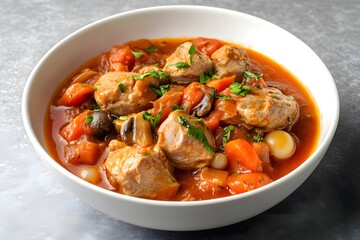 Fototapeta premium A hearty Veau Marengo with tender veal in rich tomato sauce, garnished with herbs, served in a modern dish on a sleek countertop