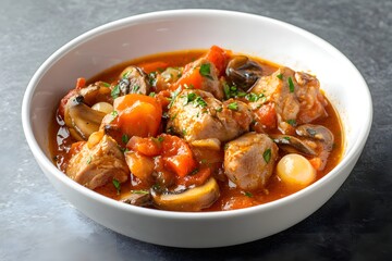 Fototapeta premium A hearty Veau Marengo with tender veal in rich tomato sauce, garnished with herbs, served in a modern dish on a sleek countertop