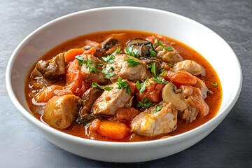 A hearty Veau Marengo with tender veal in rich tomato sauce, garnished with herbs, served in a modern dish on a sleek  countertop