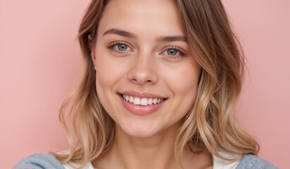 Smiling woman with natural makeup against pink background.