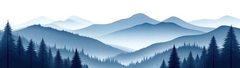 Scenic mountain landscape with layered blue hues and evergreen trees.