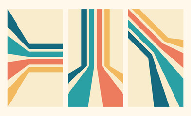 Retro lines vertical background set. Vintage path wallpaper. Colorful perspective stripes vector design.