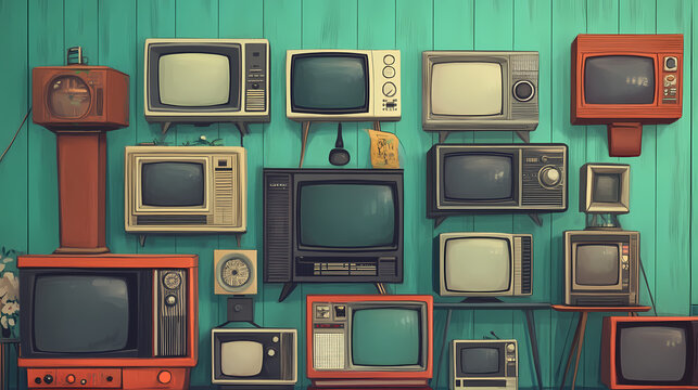 A collection of vintage televisions displayed in front of a turquoise wooden wall, showcasing retro technology and nostalgic design. Retro. Illustration