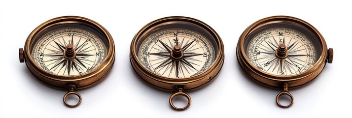 Three antique brass compasses on white background.