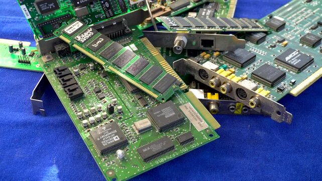 Old circuits LAN cards RAM and video capture cards of the late 1990s for analog to digital video editing 6