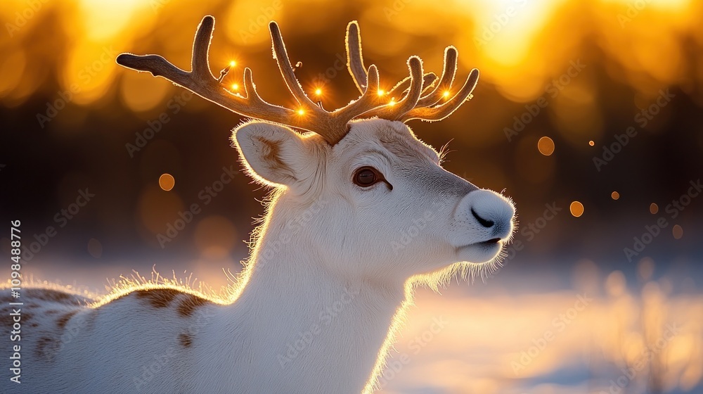 Poster White reindeer with glowing antlers at sunset.