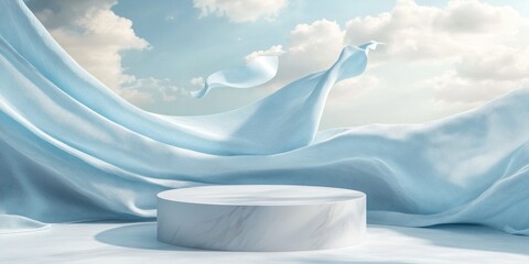 Marble podium with light blue fabric flowing in the wind against a cloudy sky.