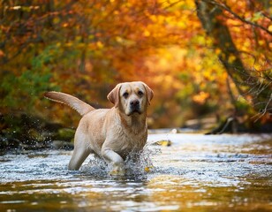 dog walking through stream cute labrador retriever in water surrounded by autumn colored forest