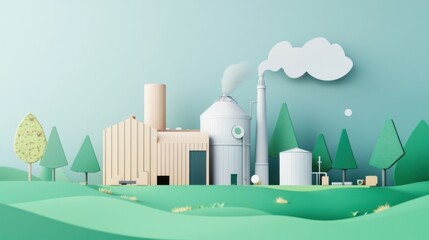Obraz premium A conceptual view of a bioenergy plant using organic waste to produce energy, illustrating sustainable bioenergy production, Simplified flat paper art illustration of