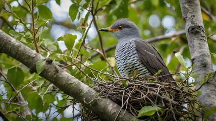 Fototapeta premium a common cuckoo sitting in a nest, nestled among the branches of a tree. Ai