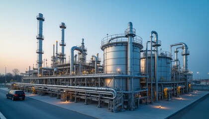 Fototapeta premium A large industrial plant with numerous pipes and structures stands under a setting sun, symbolizing manufacturing and industry. The scene is vast and complex.