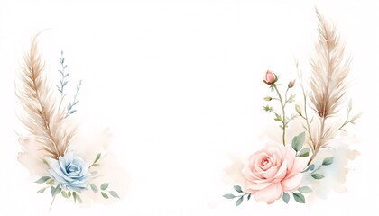 Obraz premium Delicate watercolor design featuring roses and pampas grass with ample copy space