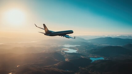 Airplane flying over a scenic landscape at sunset.