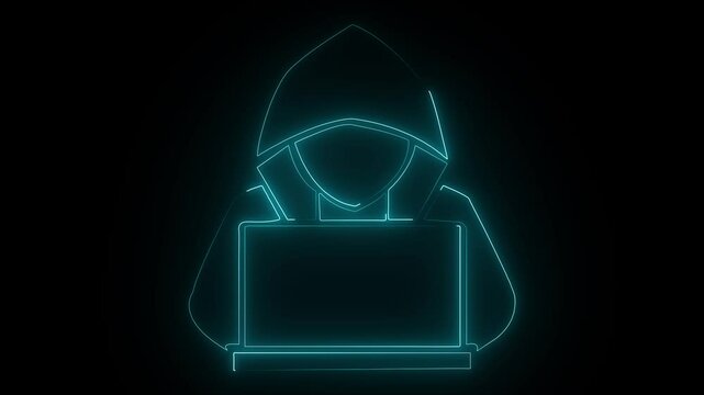 Neon detachable laptop icon cyan purple and orange color glowing animation black background