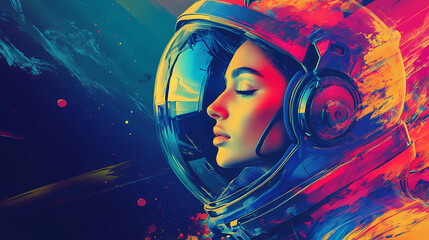 Naklejka premium Portrait of a beautiful woman as an astronaut, space theme in the retro futurism style of the generative ai. Futurism. Illustration