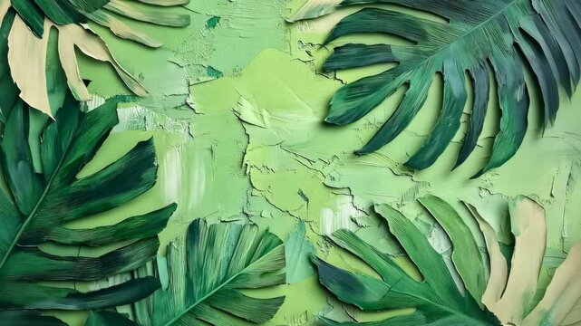 Abstract green tropical leaf ripped paper art painting plant. 4K Video