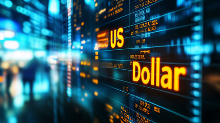 Gelbe Leuchtreklame US Dollar - Kursentwicklung des US-Dollars in den USA, Darstellung US Dollar auf großem Monitor, weltweites Zahlungsmittel