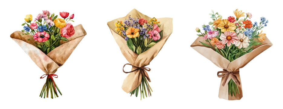Set of watercolor bouquets wrapped in kraft paper. Wildflowers wrapped in eco-friendly paper. Concept of rustic bouquets and organic packaging. Flower shop. Vector illustration.
