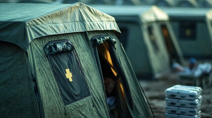 A military green tent is illuminated by warm light, showcasing a medical cross on the entrance, set in a camp with other tents in the background.