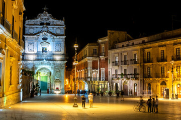 Night shot of baroque buildings in beautiful ancient Italian city (Syracuse) on the island of Sicily