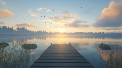 Fototapeta premium Serene Sunrise Over Calm Lake With Wooden Dock
