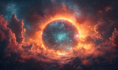 Naklejka premium Develop a surreal 3D render of a cosmic portal or gateway surrounded by abstract patterns and shapes